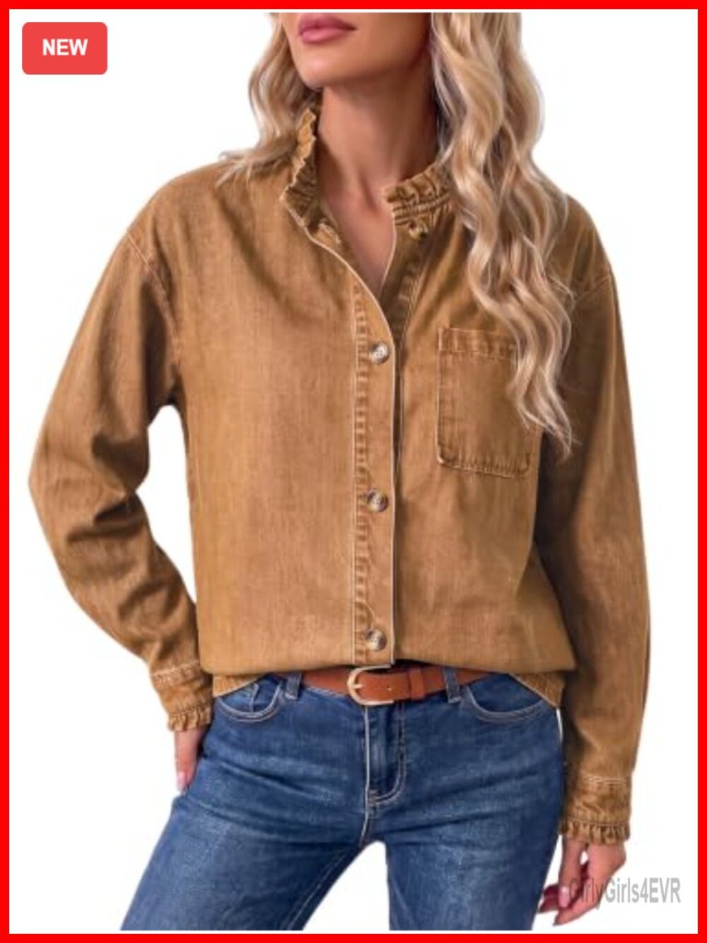 Women's Denim Button Down Shirt Long Sleeve Ruffle Neck Blouse